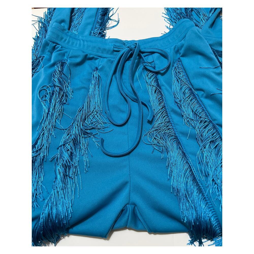 Women's Boho Drawstring Waist Long Fringe Tassel Pants Blue Size S - Picture 3 of 13